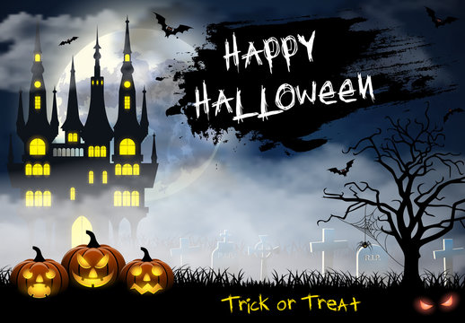 Halloween illustration with castle, tomb and bats