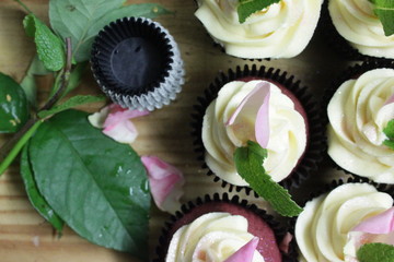 Aerial view of red velvet cupcakes