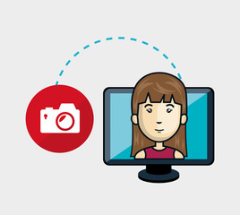 avatar woman on computer monitor screen device with photographic camera  icon. vector illustration
