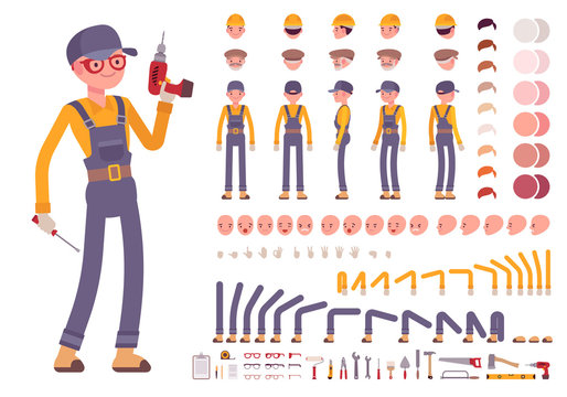 Male construction worker creation set. Build your own design. Cartoon vector flat-style infographic illustration