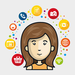 Woman avatar with media  icon set. Social media and network theme. Colorful design. Vector Illustration