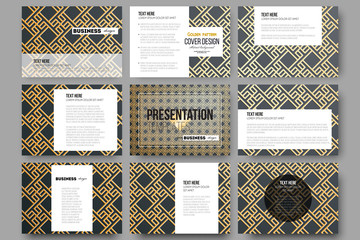Set of 9 templates for presentation slides. Islamic gold pattern with overlapping geometric square shapes forming abstract ornament. Vector stylish golden texture on black background