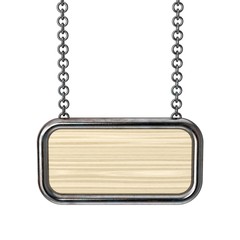 Blank wooden signboard with metallic border hanging on chain.