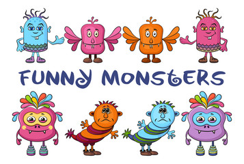 Set of Funny Colorful Cartoon Characters, Different Monsters, Elements for your Design, Prints and Banners, Isolated on White Background. Vector