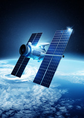 A modern satellite orbiting planet Earth. 3D illustration. - obrazy, fototapety, plakaty