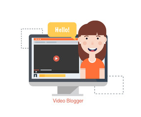 Girl Blogger Video Computer. Concept blogging.Digital blog. Flat Vector Illustration