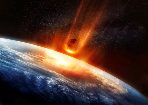 A large Meteor burning and glowing as it hits the earth's atmosphere. 3D illustration.