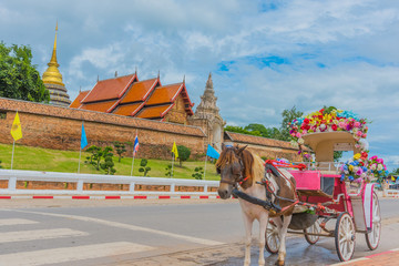 The carriage in front of wat phra tad lampang luang - obrazy, fototapety, plakaty