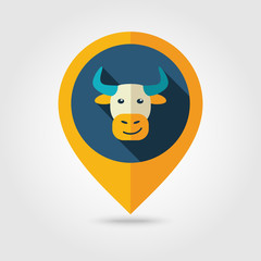 Bull flat pin map icon. Animal head vector