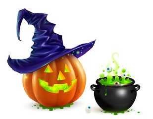 Realistic vector Halloween pumpkin in violet witch hat and black cauldron with green brew