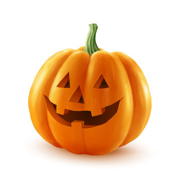 Realistic vector Halloween pumpkin. Happy face isolated on white background