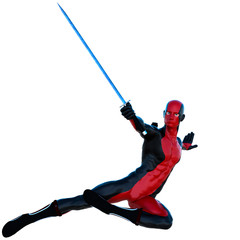 a young strong man in a red and black super suit. He jump kick the right leg and holding an iron sword in his right hand