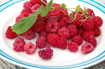 fresh juicy raspberries on a white plate