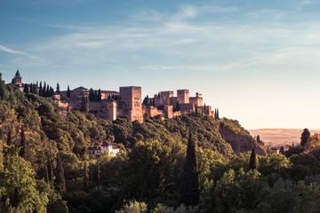 Beautiful sunset view of Spain's main tourist attraction, ancient arabic fortress of Alhambra, Granada, Spain