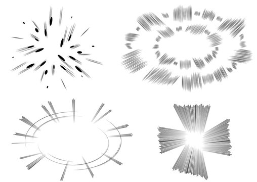 Four vector illustrated comic book style explosions on white background.