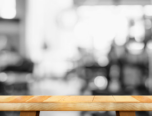Empty wood plank table top with leg with black and white people