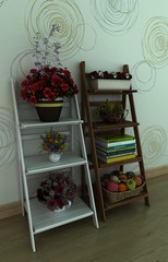 3d illustration of shelves with flowers and books. with wooden floor and wall. Background for web site. 