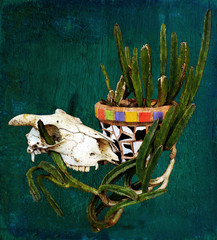 Sheep skull and Mexican mosaic pot plant with cactus on a rustic blue wood background. Digitally filtered and textured image