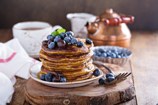 Pumpkin pancakes with blueberries