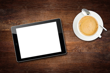 office business dektop wood background with tablet  and coffee cup 
