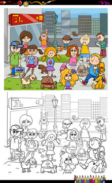 kids and city coloring book