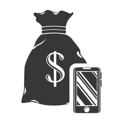 sack with money symbol and smartphone device icon silhouette. vector illustration