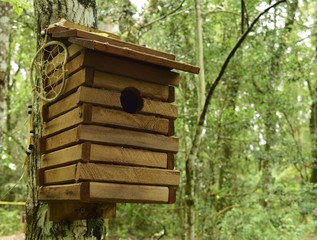 Wooden bird house with a dream catcher in the woods.