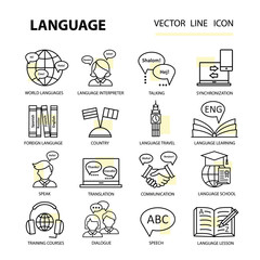 Fototapeta premium Set modern linear icons on the topic of learning a foreign language.