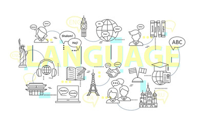 Modern thin line concepts of learning foreign languages, language training school.