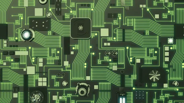 Seamless looping 3D animation of a illuminated futuristic circuit board top shot