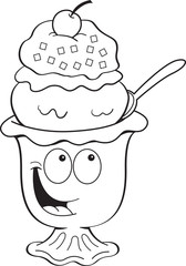 Black and white illustration of an ice cream sundae.