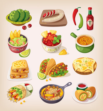 Mexican street, restaraunt and homemade food and product icons f