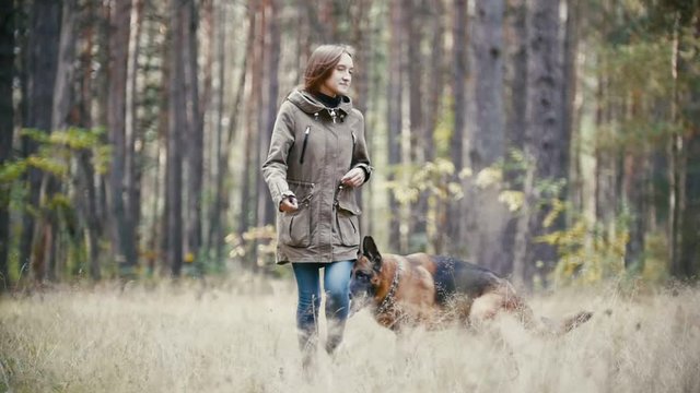 Young woman running with a shepherd dog in autumn forest, slow motion