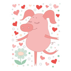 The lovely pig with a closing eyes stend on one leg. On a white background with hearts.