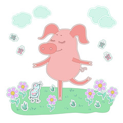 The lovely pig with eyes closed stand on one leg. Cute cartoon pig sticker.