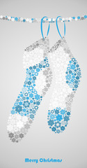 Christmas greeting card, socks made of snowflakes. Winter template. Vector illustration.