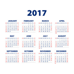 Calendar for 2017 on white background. Vector EPS10.