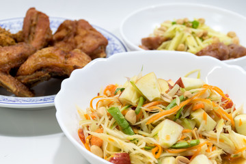 Papaya salad, Fried chicken and Spicy Pork