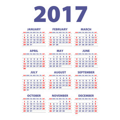 Calendar 2017. Week starts from Sunday. Vector flat design template, ready to print