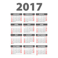 2017 Calendar Black - illustration.Vector template of 2017 calendar