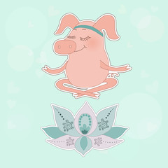 The lovely happy pig blindly sits in a lotus pose