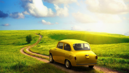 little retro car goes by wonderful countryside road at sunset 3d