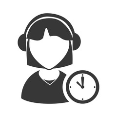 avatar woman online support call center with time clock icon silhouette. vector illustration