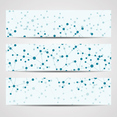 Abstract geometric banners molecule and communication. Science and technology design, structure DNA, chemistry, medical background, business and website