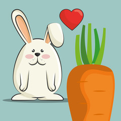 cute rabbit animal with orange carrots vegetable and red heart. colorful design. vector illustration