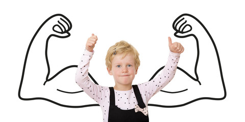 Child stands before drawing with muscles