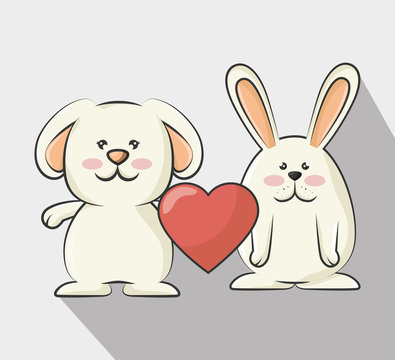 cute rabbits animal with red heart shape. love bunnys. colorful design. vector illustration