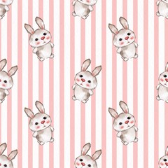 Background with rabbits. Seamless pattern with cartoon animals. Watercolor painting 11