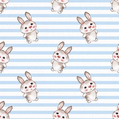 Background with rabbits. Seamless pattern with cartoon animals. Watercolor painting 12