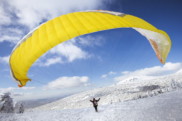 Paraglider starts flying from top of the snow mountain
